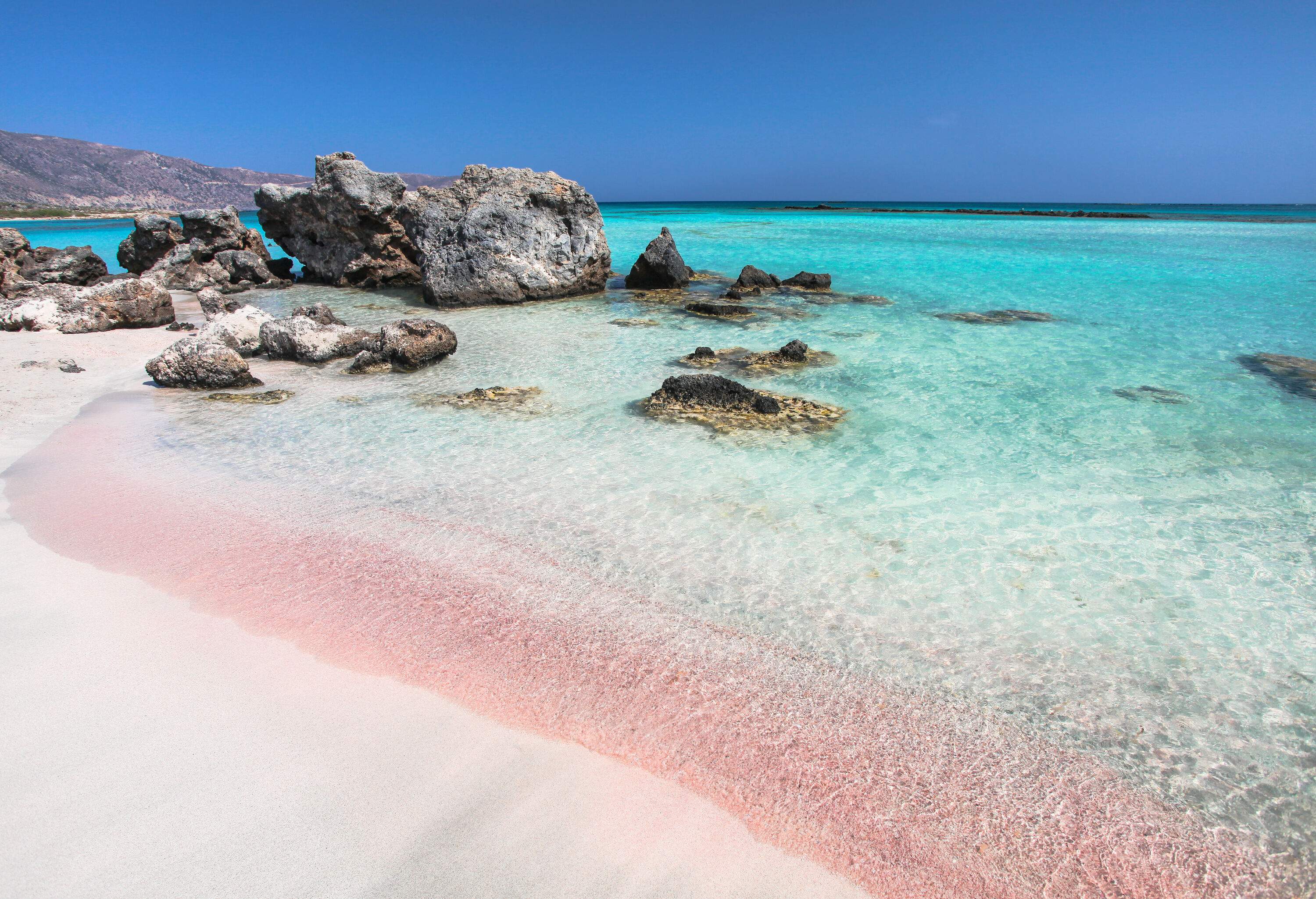 A pristine pink sand beach with coastal rocks.