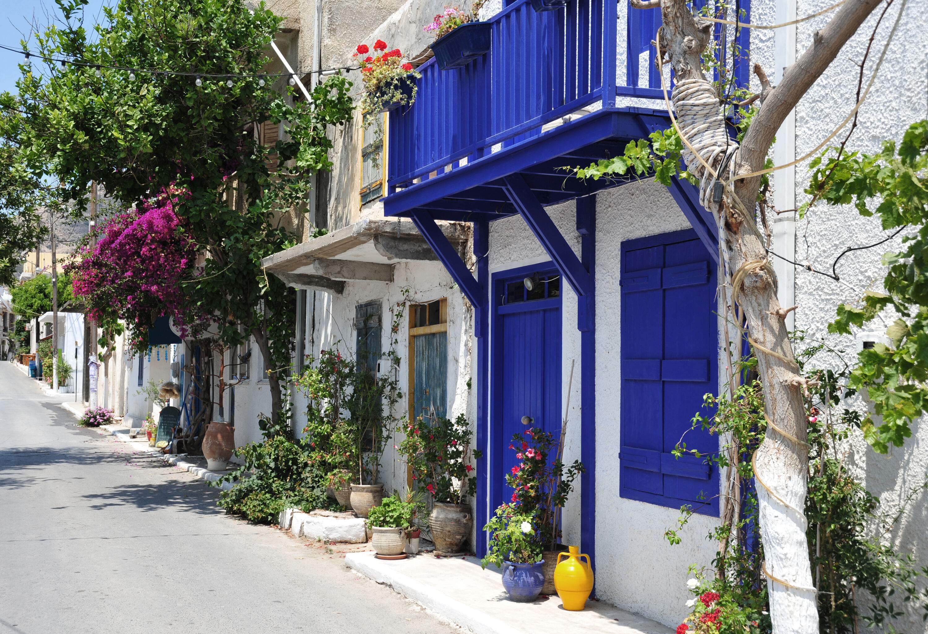 A white house with blue door, window, and balcony along a street with potted plants.