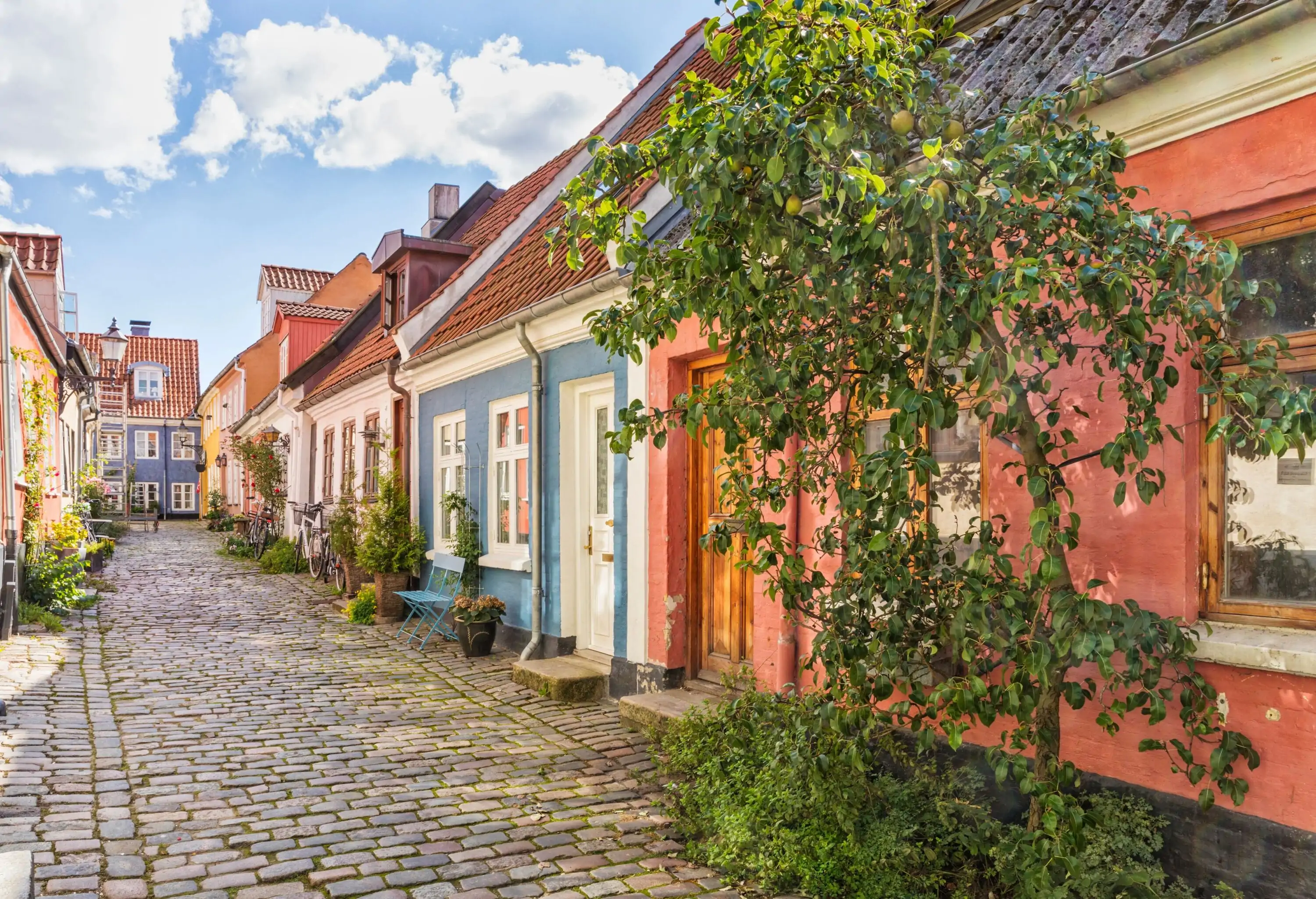 An idyllic cobbled street with colorful houses at the old town of Aalborg, Denmark