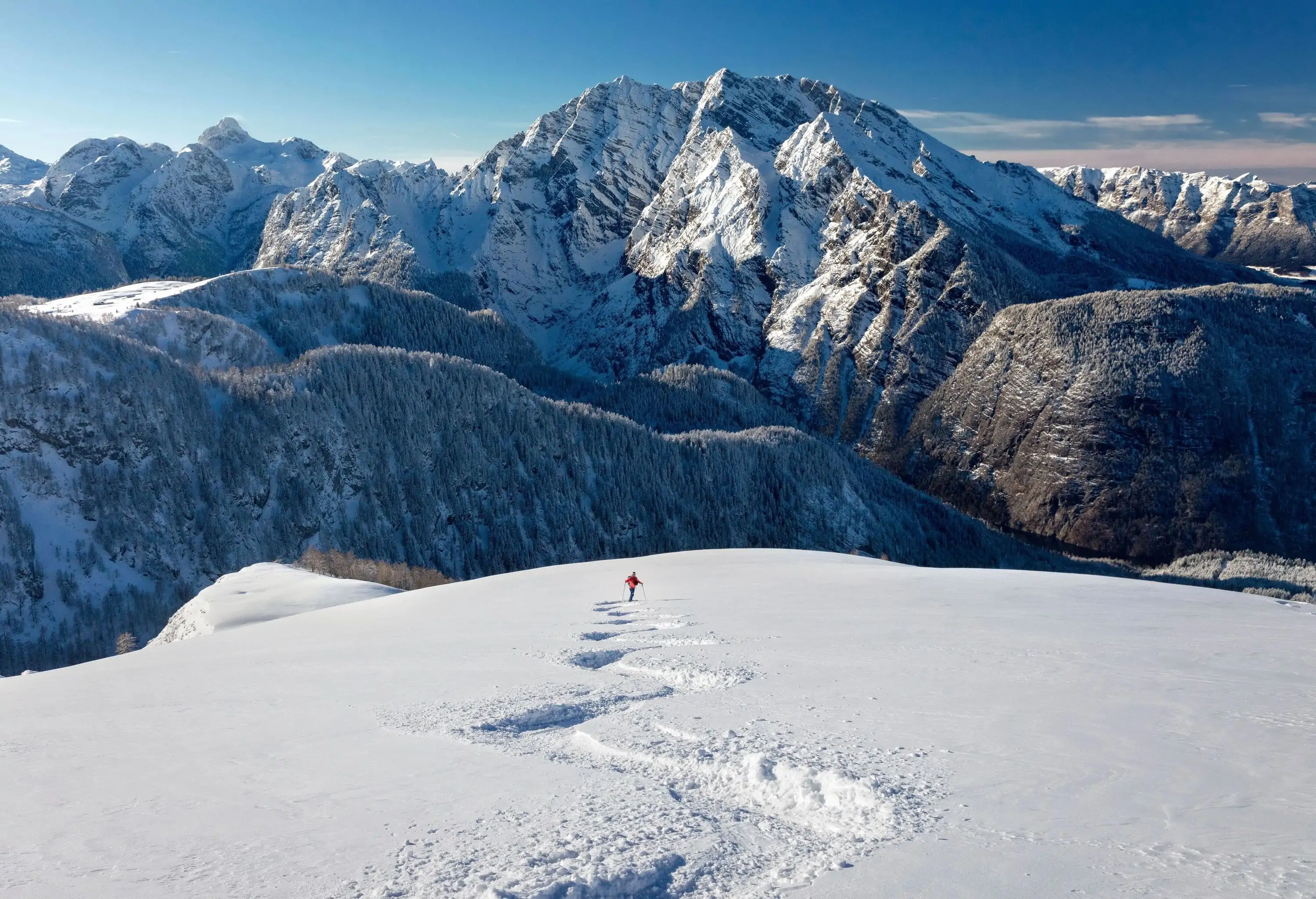 Skier leaves winding ski trails on a snowfield with views of a snowy mountain range in the distance.