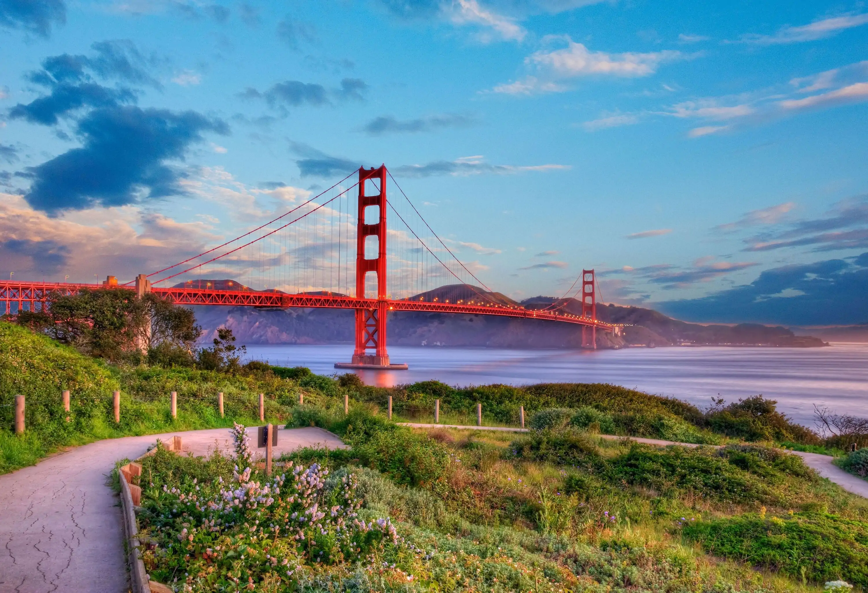 Golden Gate Bridge captured from a bike trail in sunset