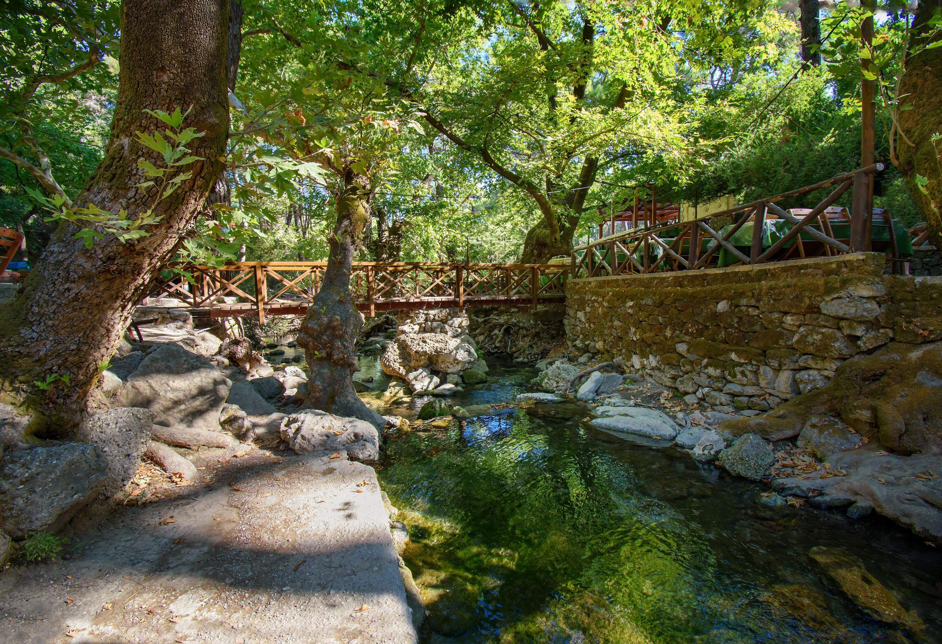 Wooden bridge over small Loutanis river in Seven spring (Epta Piges) in forest near Kolymbia (Rhodes, Greece)