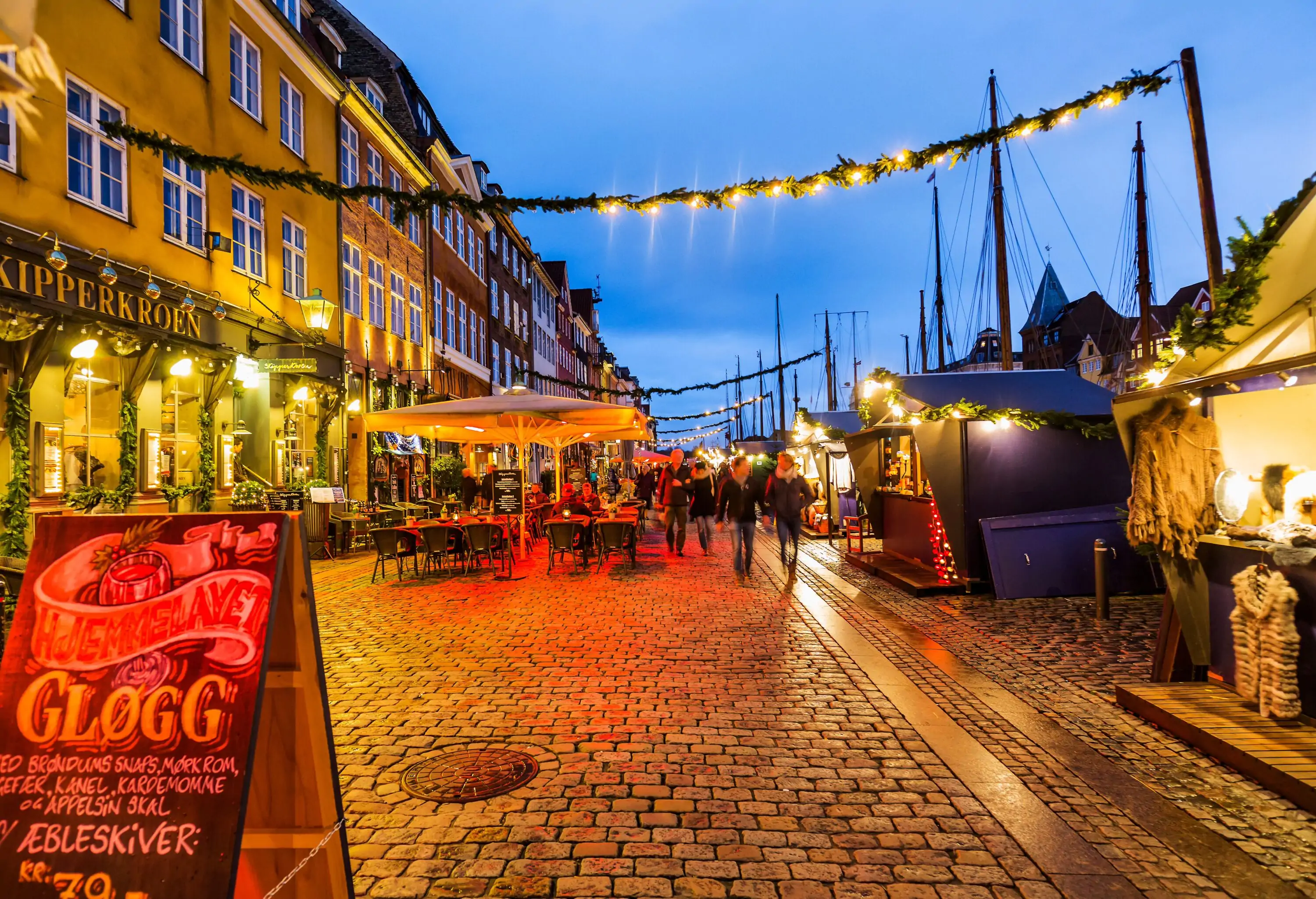 Nyhavn Christmas Market along the canal at dusk