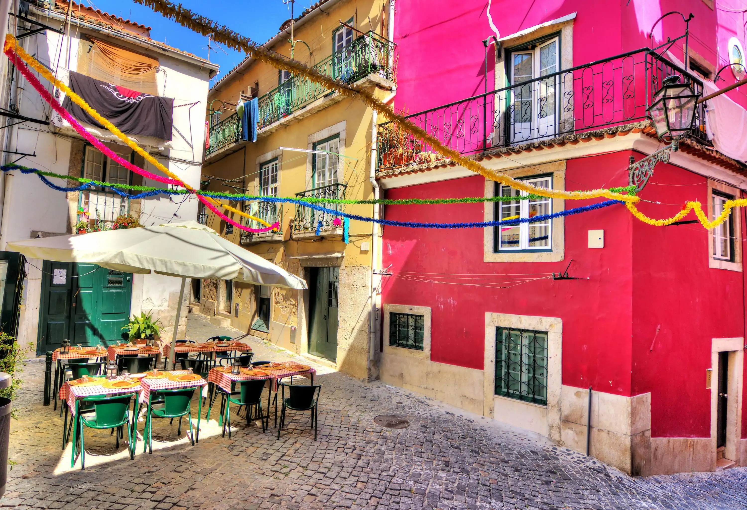 Beautiful wide angle image of the tight streets with lots of colors in Lisbon, Portugal