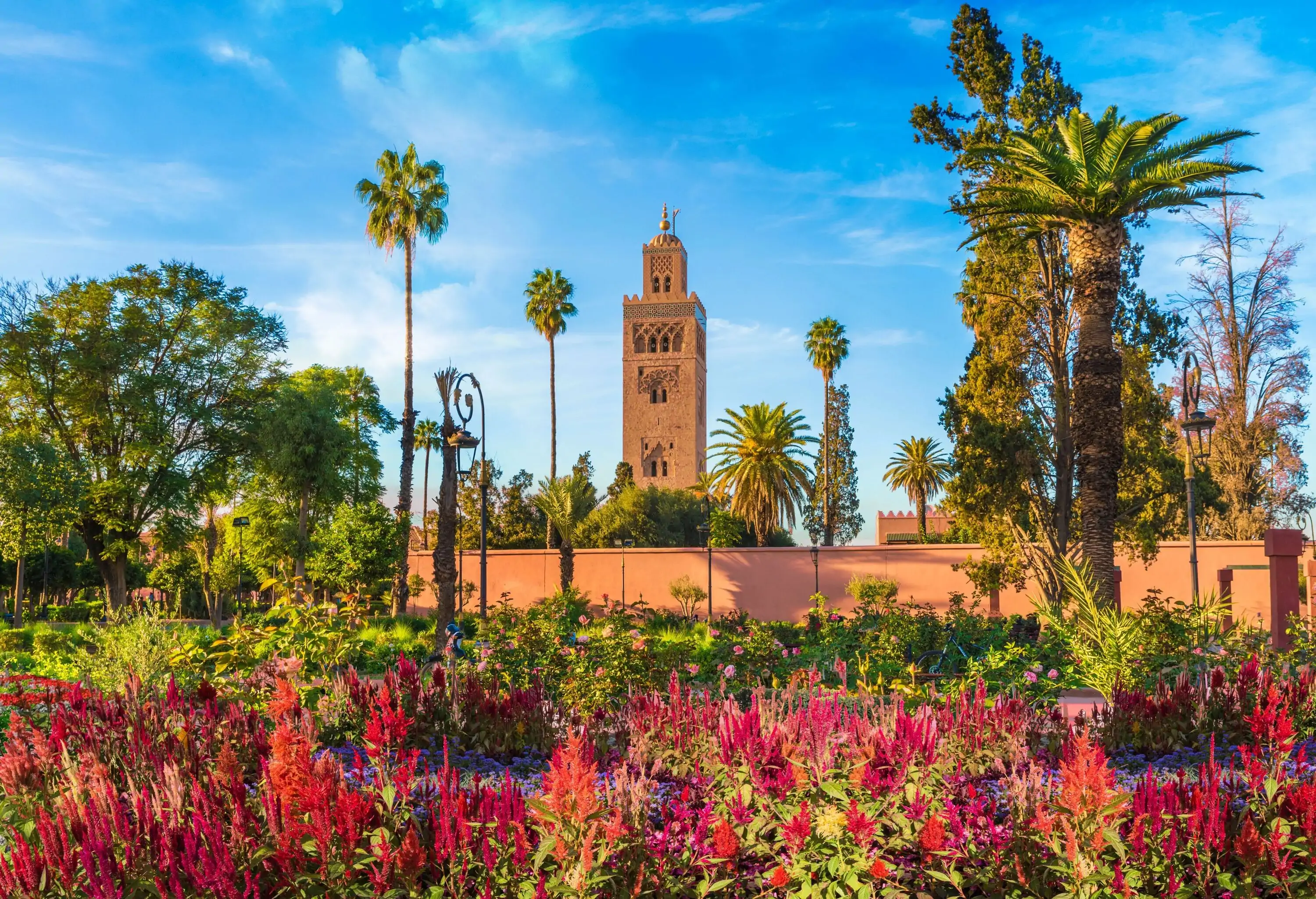 View of Koutoubia Mosque and garden in Marrakesh, Morocco