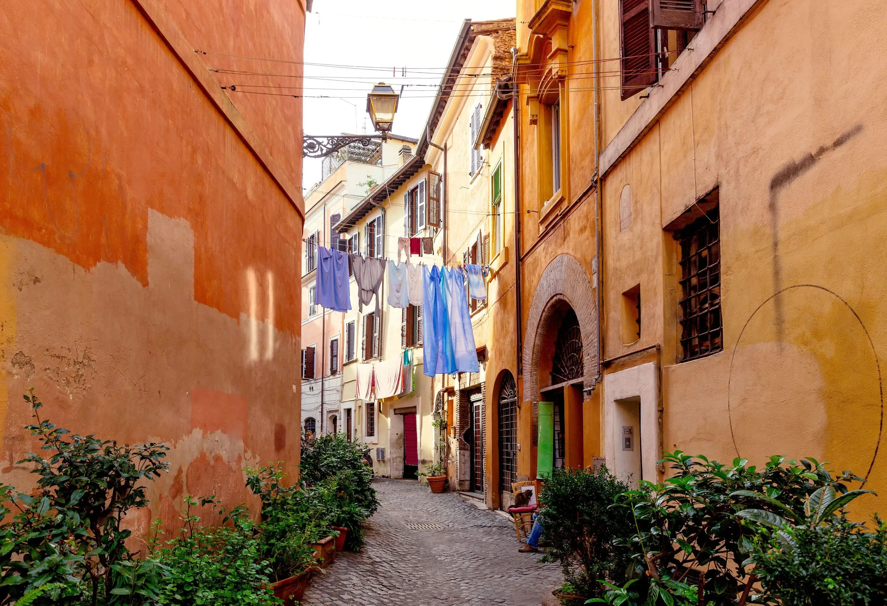 a narrow street with plants and laundry hanging from window to window