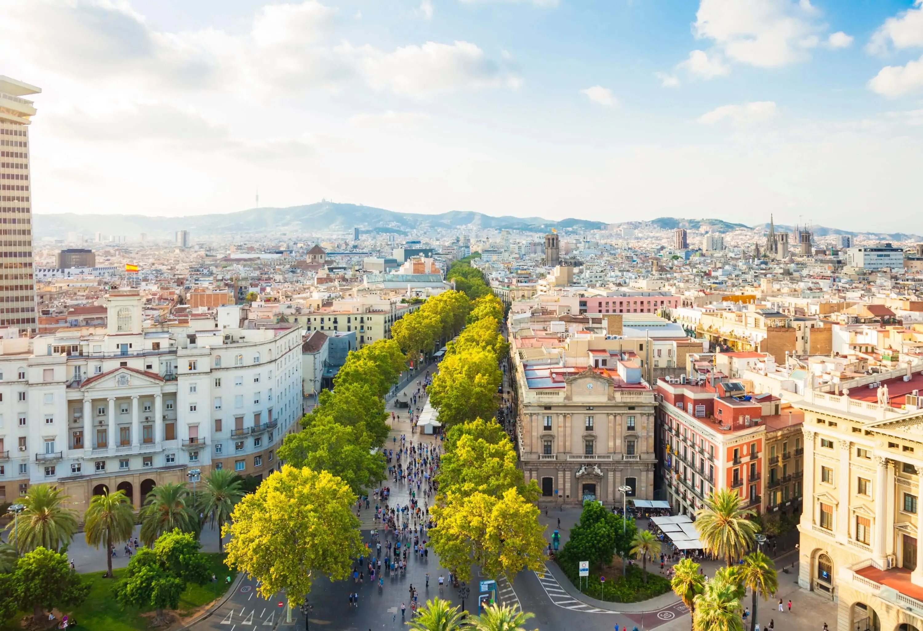 Cityscape of Barcelona with famous La Rambla (Barcelona, Catalonia, Spain).