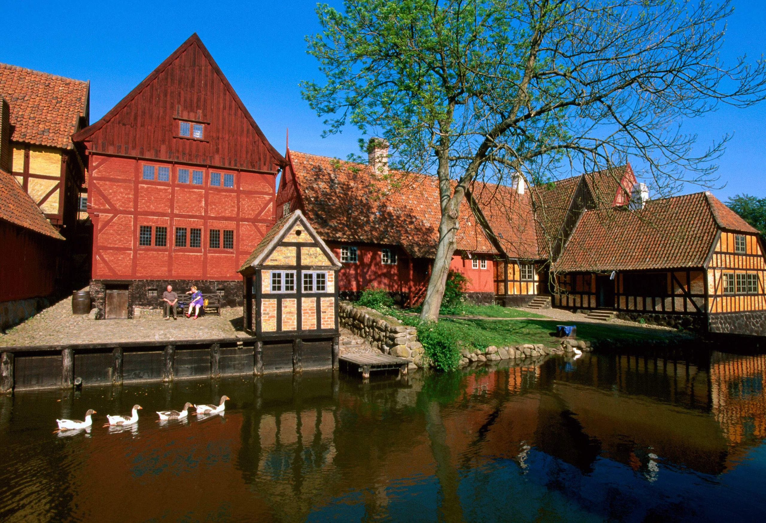 A museum lake with ducks swimming in the open air, lined with traditional old buildings.