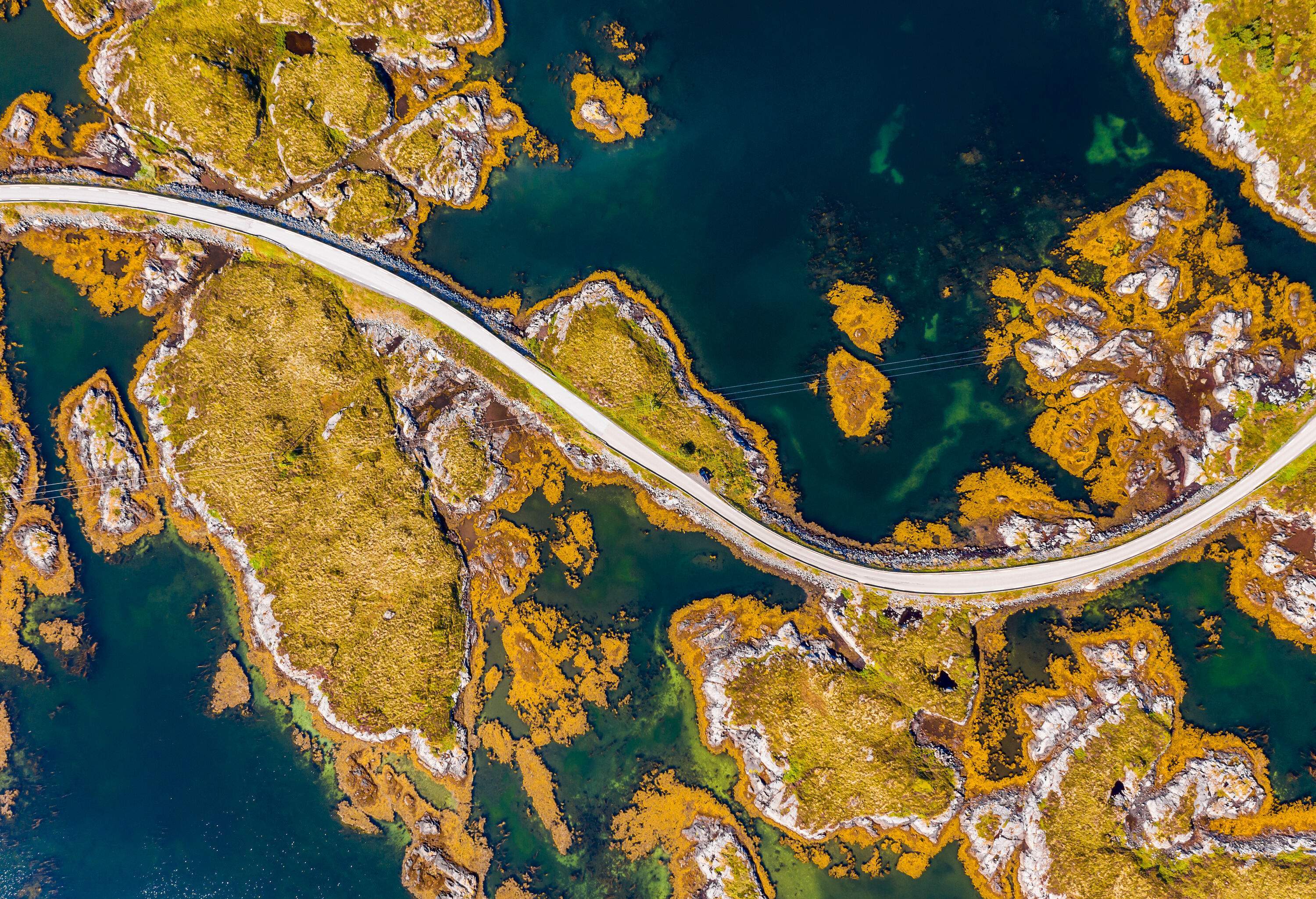 A snaking roadway running through the islands and over the water.