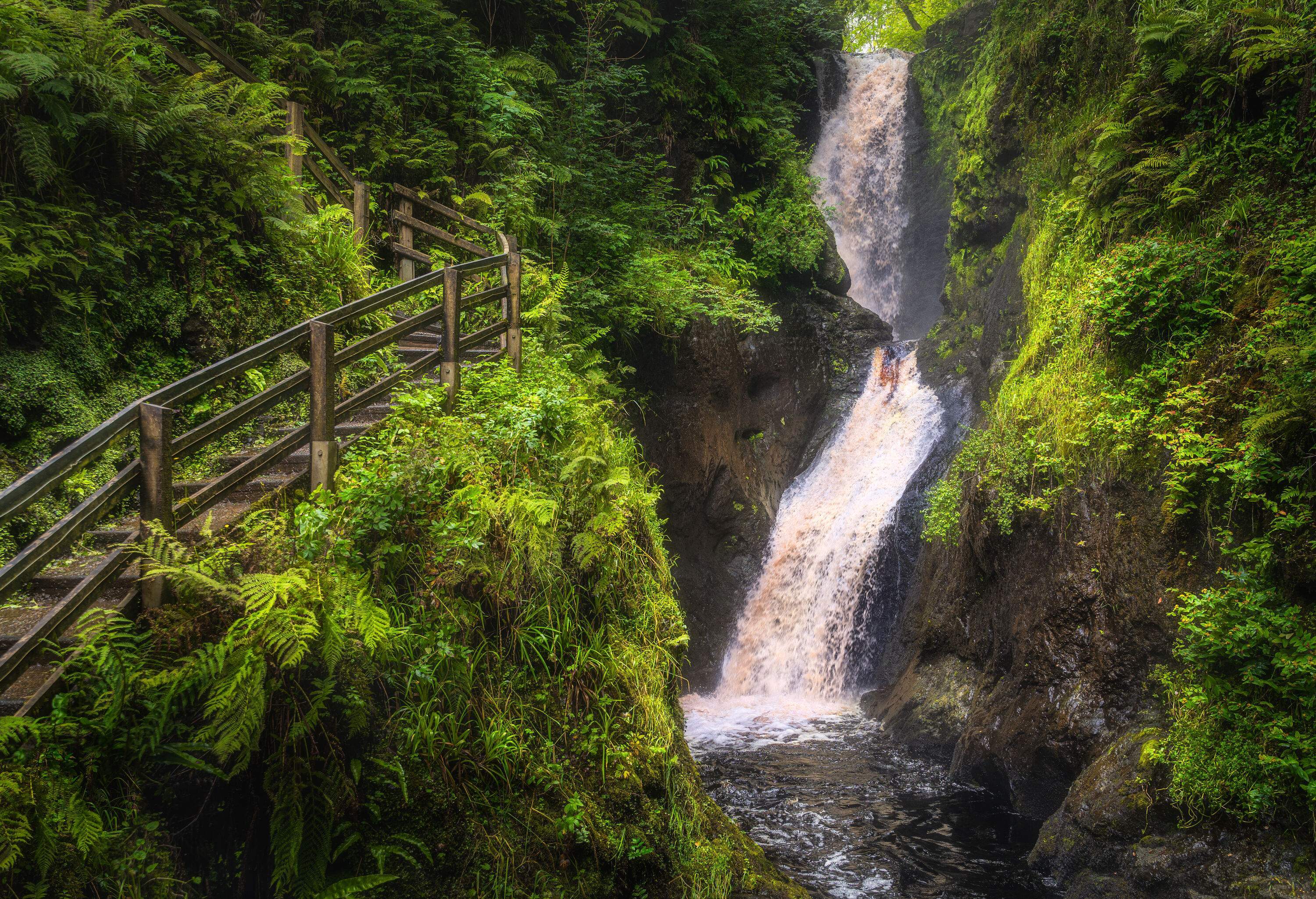 A stairway with a wooden fence on a lush mountainside with a view of a gushing waterfall on a steep gorge.