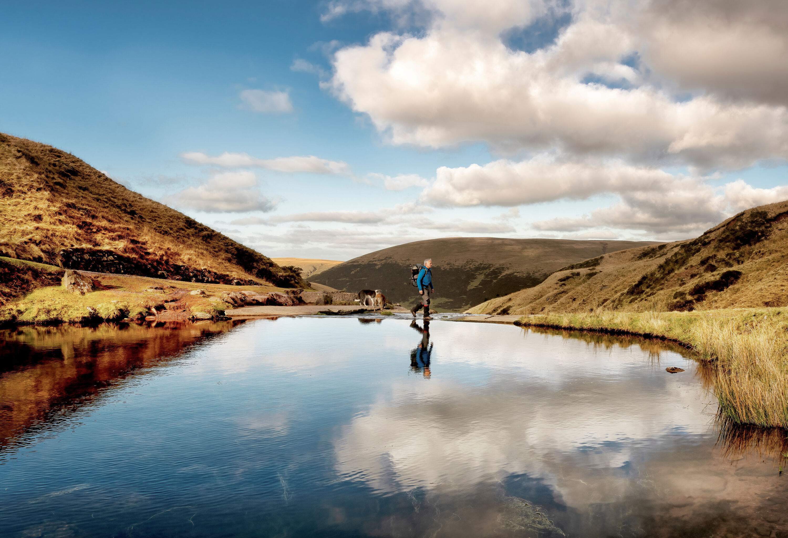 Man and dog walk by a small body of water reflecting the clouds on a hill without trees