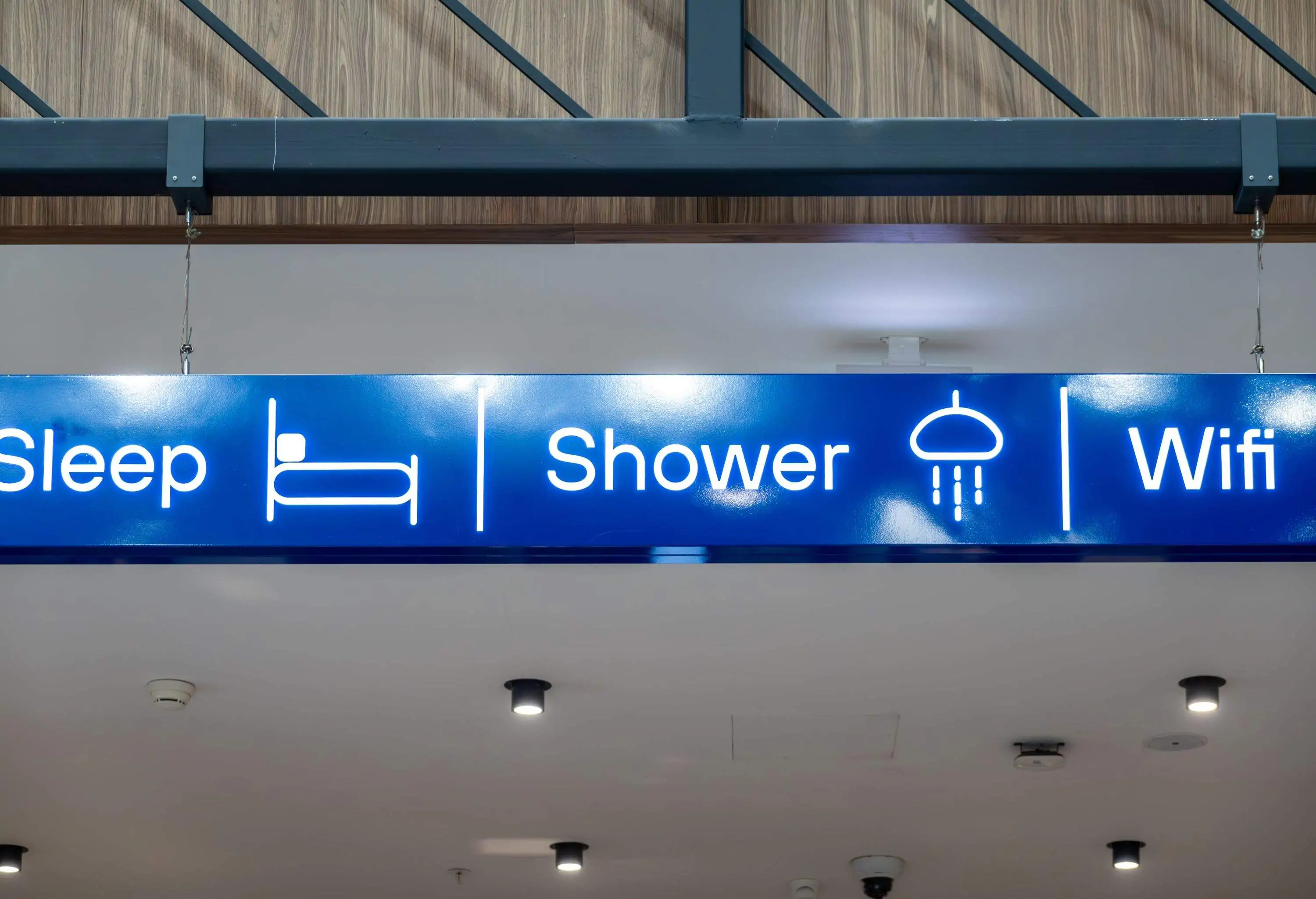 Istanbul, Turkey A sign inside the airport at the Sabiha Gokcen Airport SAW says Sleep, Shower and Wifi.