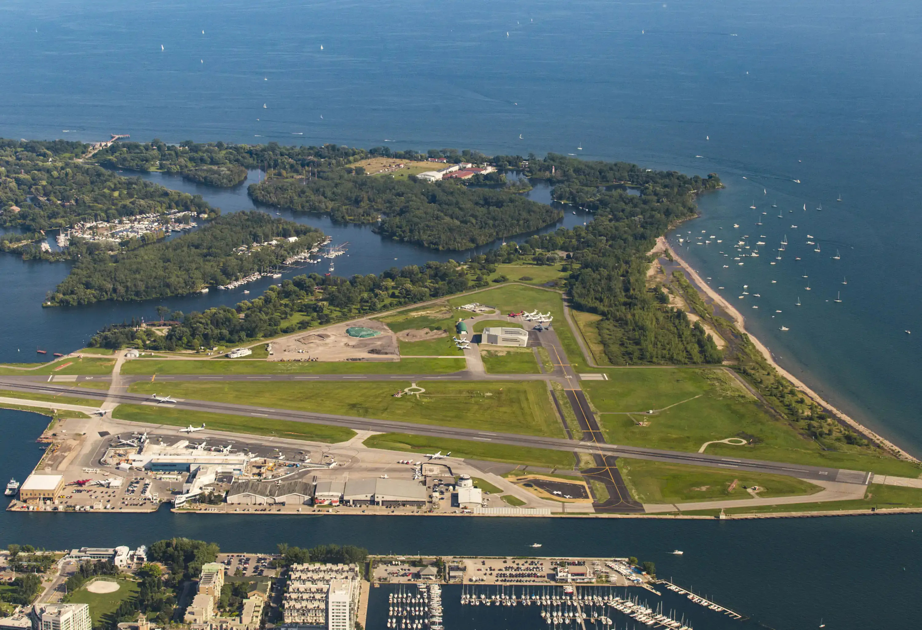 An airport site set on an island in a lake dotted with several smaller islands.