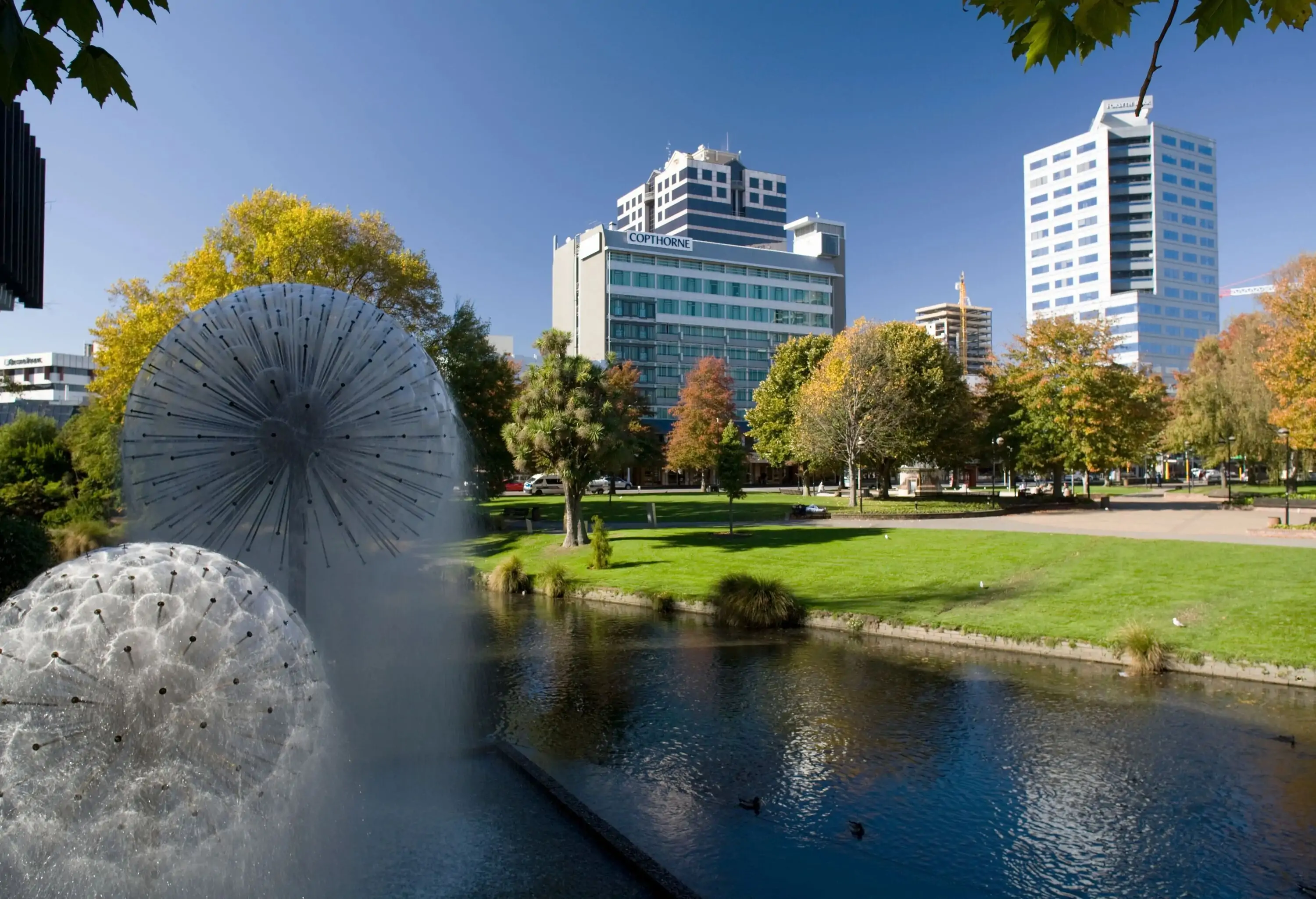 Under a clear blue sky is a lake with a fountain surrounded by grass, trees, and tall buildings.