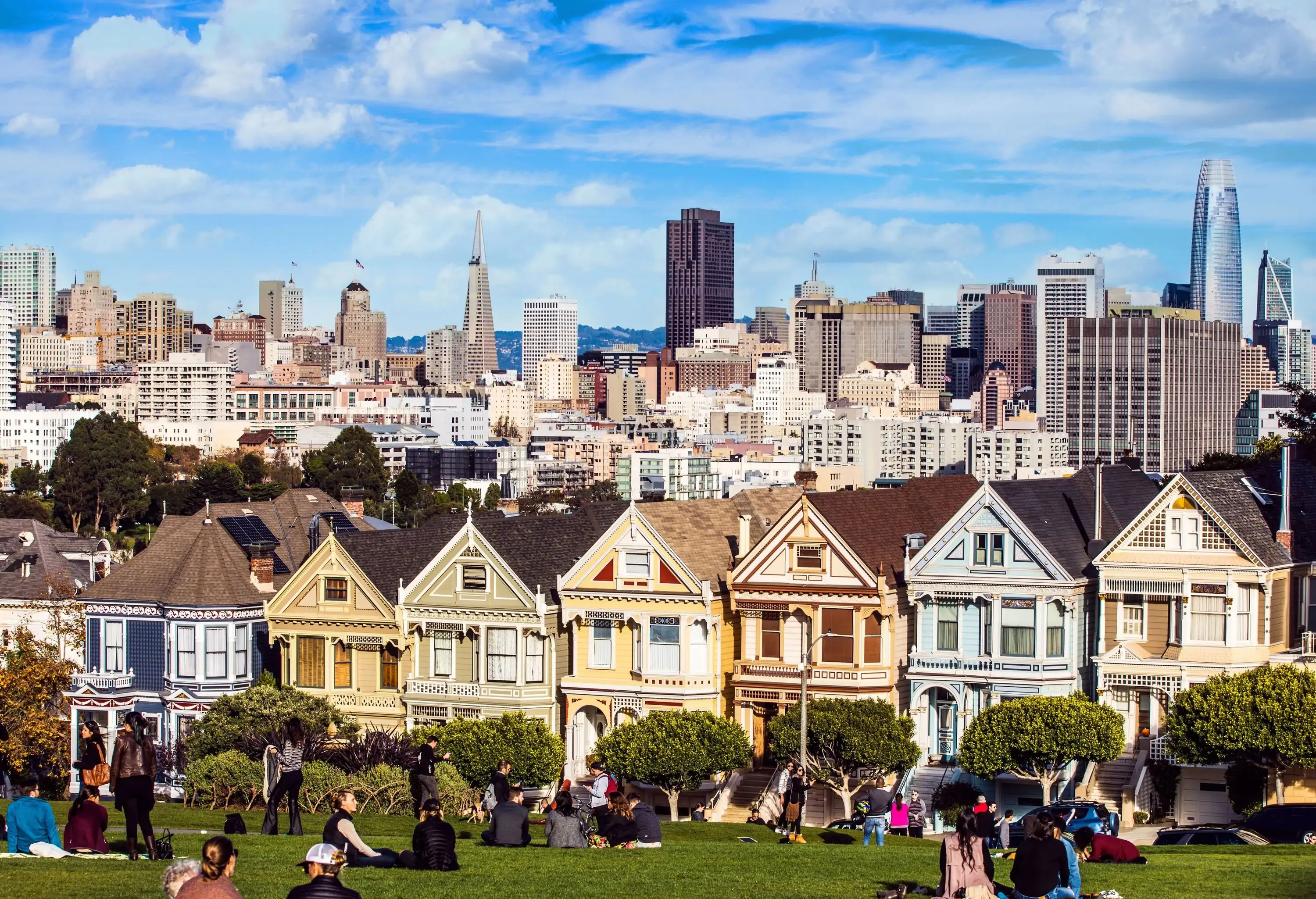 Families enjoy a delightful picnic on the lush turf while vibrant houses form a backdrop, accentuated by towering city buildings in the distance.